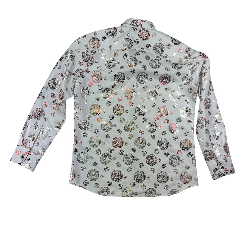 De-Niko Button‎ Up Mens L Regular White Metallic Silver Gold Dragon Phoenix Y2K - Picture 2 of 9